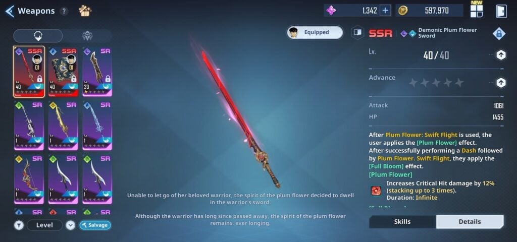 Demonic Plum Flower Sword weapon page - Solo Leveling Arise