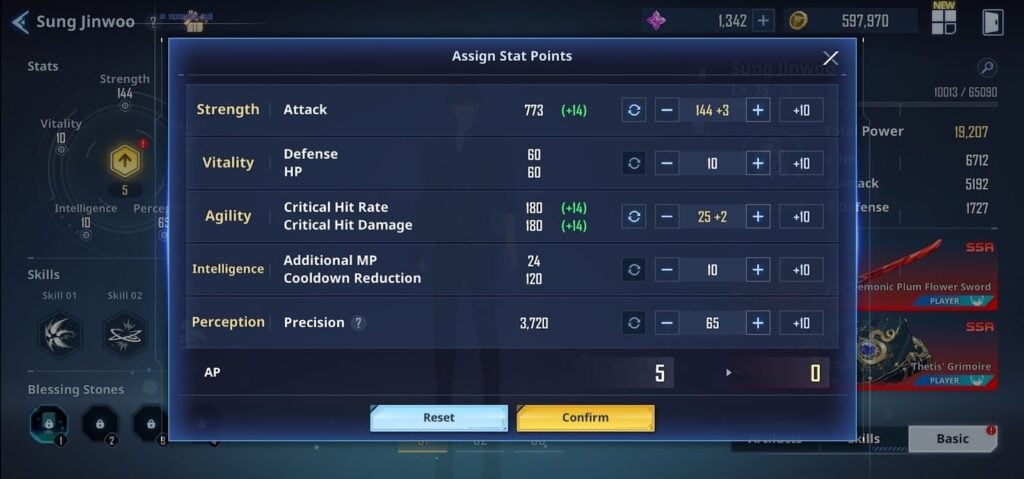 Sung Jinwoo's stat allocation page - Solo Leveling Arise