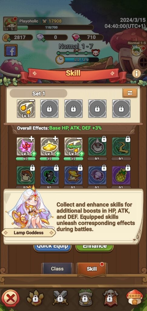 The Skills screen in Legend of Mushroom.