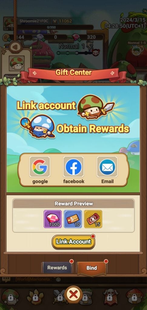 Linking to an account in Legend of Mushroom.