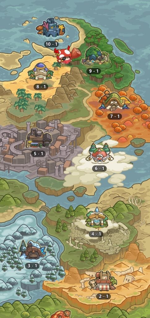 The Overworld showing the current Stages to be defeated in Legend of Mushroom.
