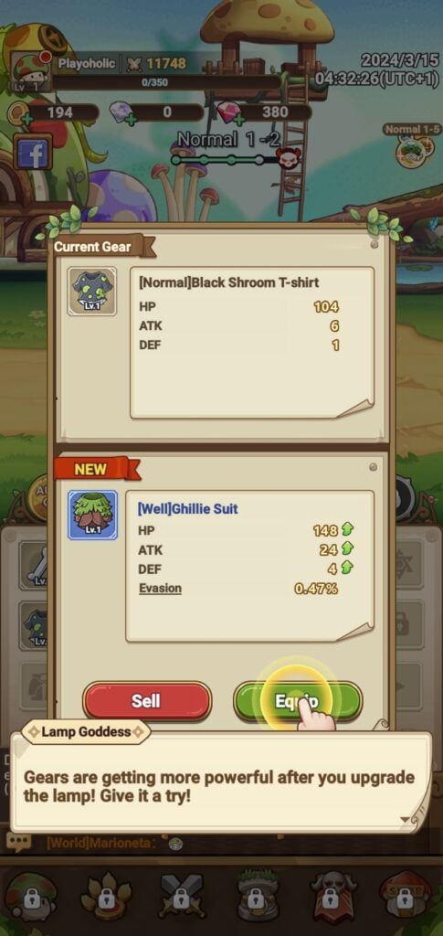 Tutorial about summoning new gear via the Magic Lamp in Legend of Mushroom.