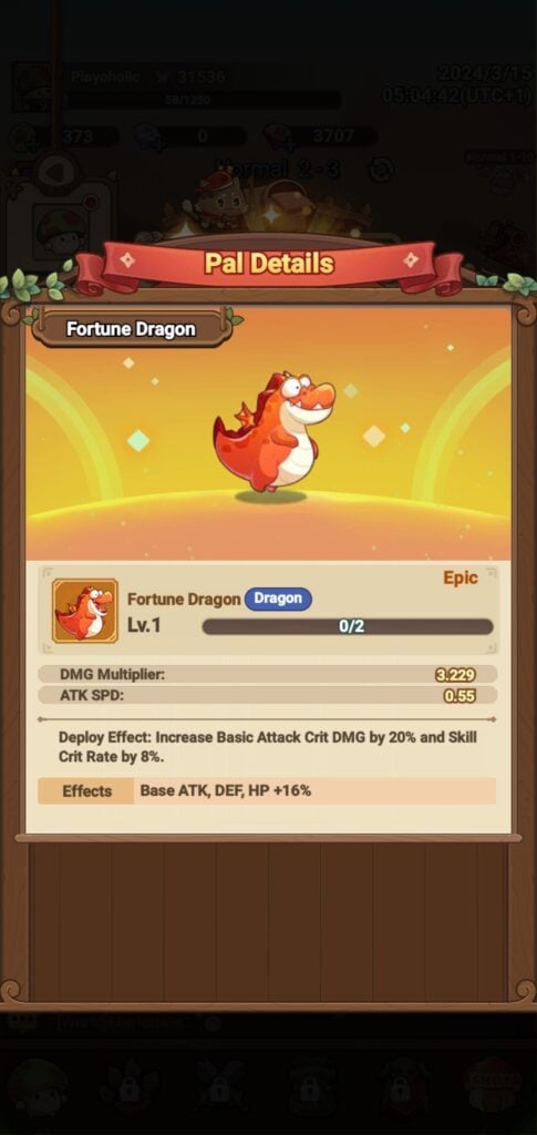 The Fortune Dragon pal in Legend of Mushroom.