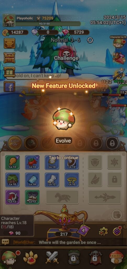 The Evolve function unlocked in Legend of Mushroom.