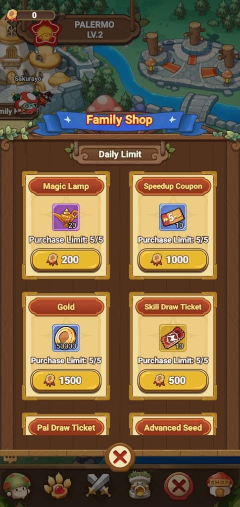 Items sold in the Family Shop in Legend of Mushroom.