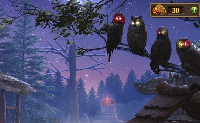 four owl sitting on a tree in Tricky Doors level 1