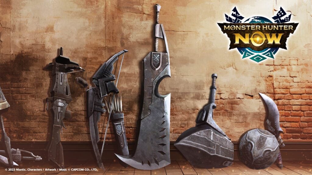 Different weapons lined-up in Monster Hunter Now.