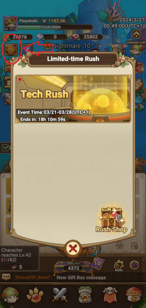 The Rush events screen in Legend of Mushroom.