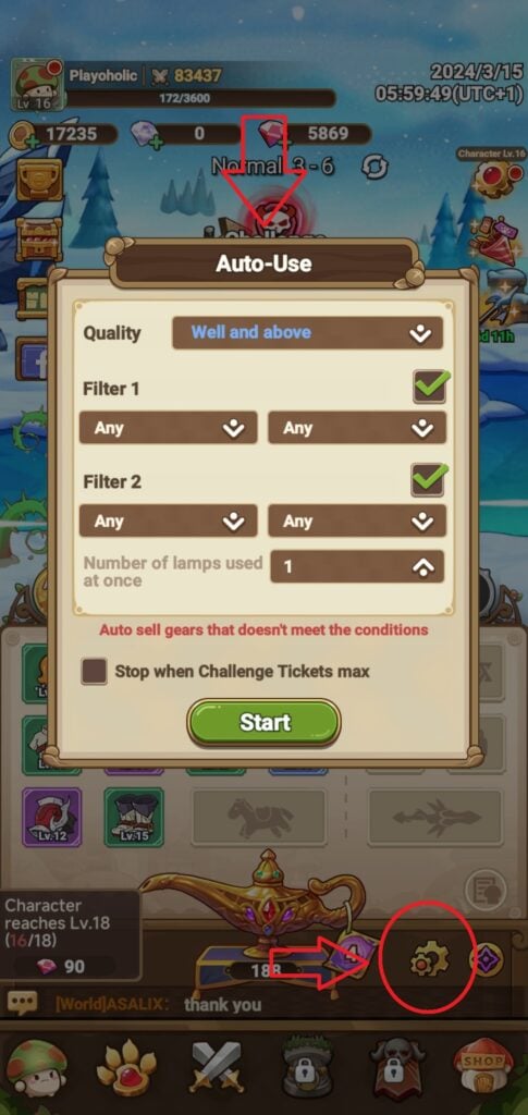 The Magic Lamp's Auto-Use function in Legend of Mushroom.